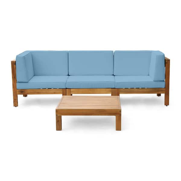 Noble House Brava Teak Brown 4-Piece Wood Patio Conversation Sectional Seating Set with Blue Cushions