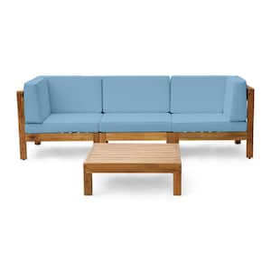 Brava Teak Brown 4-Piece Wood Patio Conversation Sectional Seating Set with Blue Cushions
