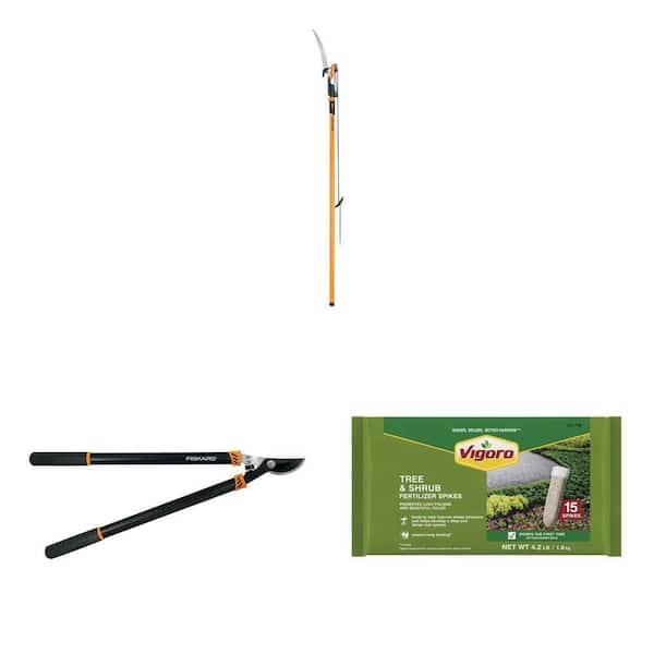 PowerLever 1-1/8 in. Tree Pruner with 14 ft. Pole, 28 in. Lopper and Fertilizer Spikes (15-Count) Combo