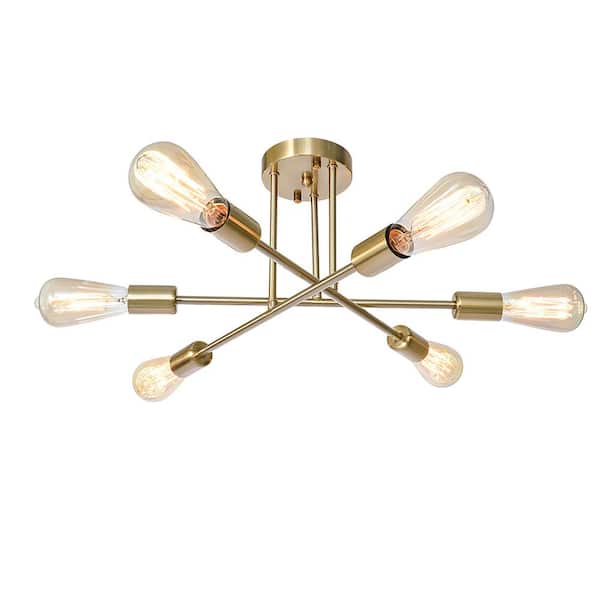 HUOKU Ceder 18.9 in. 6-Light Brass Sputnik Semi-Flush Mount Sputnik Chandelier Modern Semi Flush Light