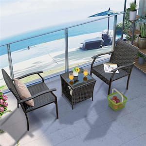 3-Piece Metal Plastic Wicker Patio Conversation Set without Cushion All weather/weather resistant