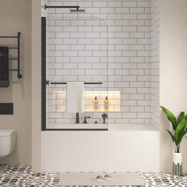 34 in. W x 58 in. H Pivot Tub Door in Matte Black with Clear Tempered Glass