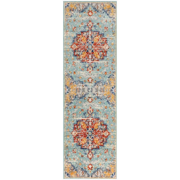 Nourison Passion Aqua Multicolor 2 ft. x 10 ft. Center medallion Traditional Runner Area Rug