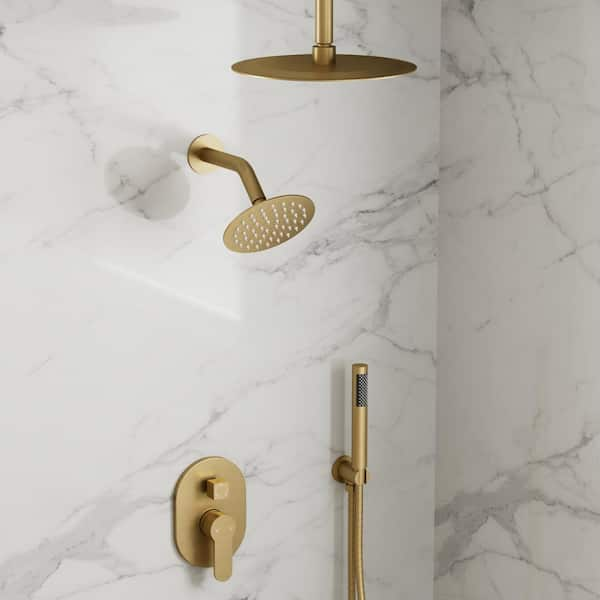 Round Showers System 3-Spray 10 in. and 6 in. Dual Ceiling Mount Fixed and Handheld Shower Head 2.5 GPM in Brushed Gold