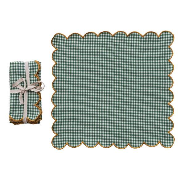 18 in. W x 0.3 in. H White and Green Check Pattern Cotton Scalloped Napkins (Set of 4)