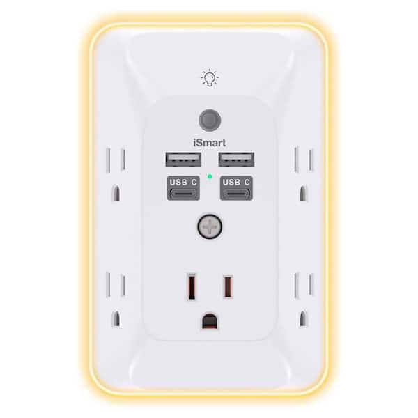 Yichuhaoxi 4-Outlet Extender with 2 USB-A, 2 USB-C Ports Surge Protector with Night Light for Bathroom Kitchen Camper Dorm Room