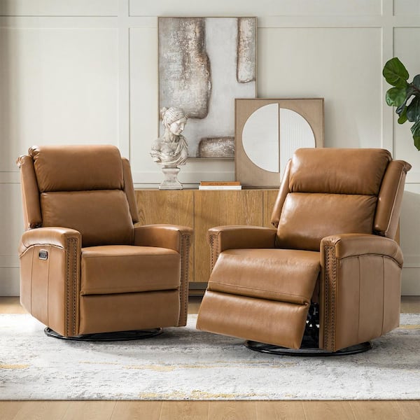 JAYDEN CREATION Leone Camel Genuine Leather Power Recliner with