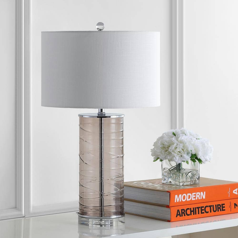 Smoky Gray Glass Cylinder LED Table Lamp Set with Drum Shades