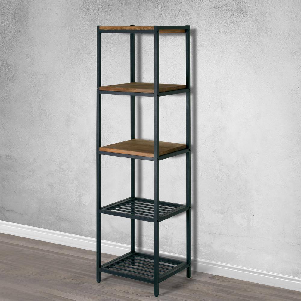 Modern Industrial Black Metal and Pine Wood Etagere Bookcase