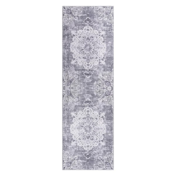 CAMILSON Grey 2 ft. x 7 ft. Machine Washable Vintage Area Rug
