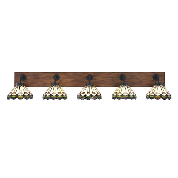 Unbranded Kirby 48 in. 5 Light Black and Painted Wood-look Vanity Light with 7 in. Cyprus Art Glass Shades No Bulbs Included