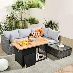 Riley 6-Piece Wicker Patio Rectangular Fire Pit Set with Gray Cushions