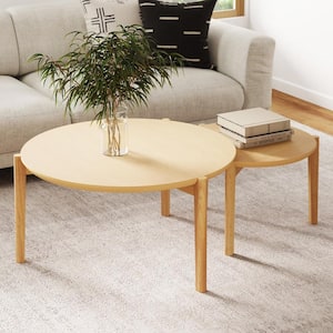Kendall 37 in. W Natural Brown Round Mid-Century Modern Wood Coffee Table for Living Room, Set of 2 Nesting Tables