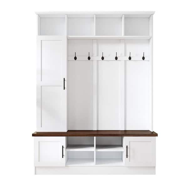 Farmhouse Hall Tree with 6 Hooks, Walnut Storage Bench with Adjustable Shelves, Storage Space, White plus Deep Walnut