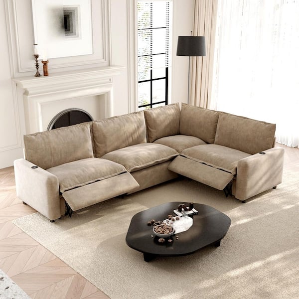 107 in. Modular Reclining Sectional Sofa, Square Arm 4-Piece Linen with Extra Wide Cushions, Heat, USB Port in Khaki