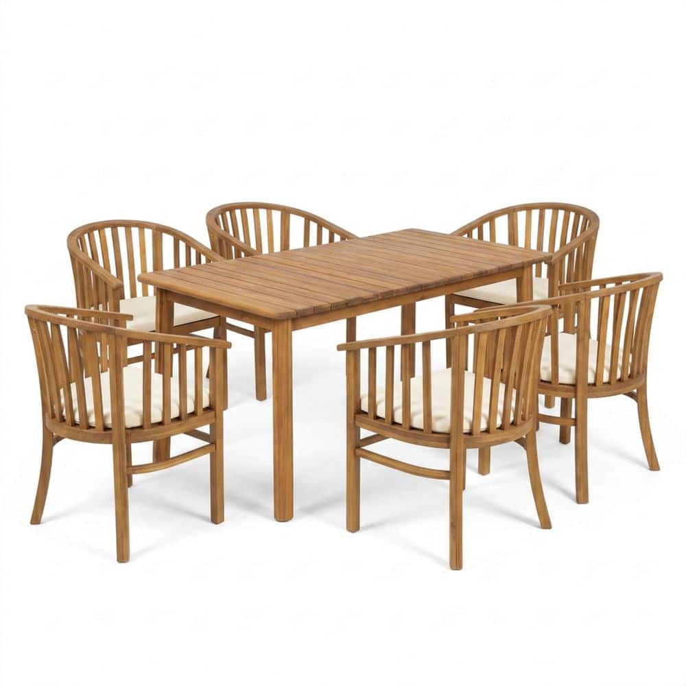 Teak Finish 7-Piece Acacia Wood Rectangular Outdoor Dining Set with Cream Cushions, Seats 6 price history on PriceWatchPro