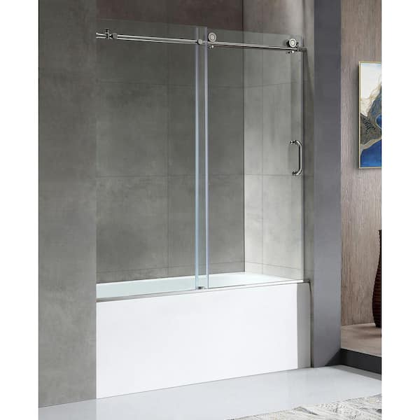 ANZZI 60 in. L x 30 in. W x 83 in. H Right Drain White Rectangular Tub with Frameless Sliding Tub Door in Polished Chrome