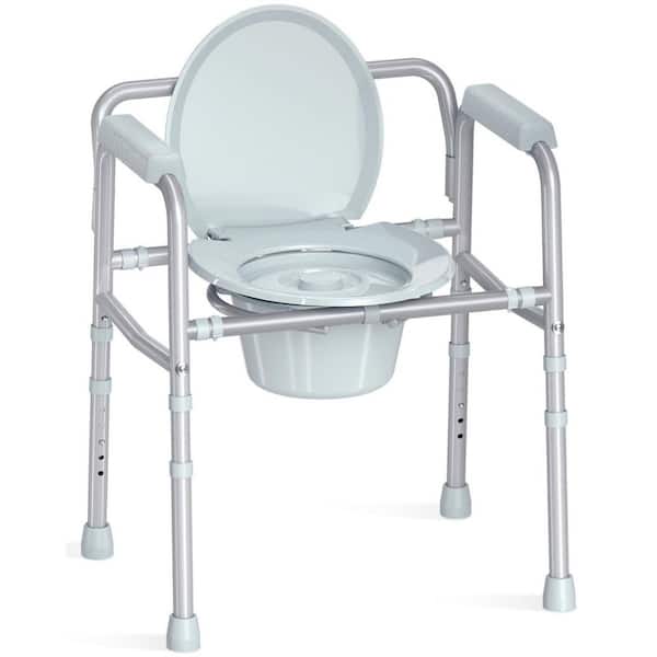 3-in-1 Silver Adjustable Bedside Commode with Sturdy Dual-Crossbar Support Construction and 7.5 qt. Bucket for Seniors