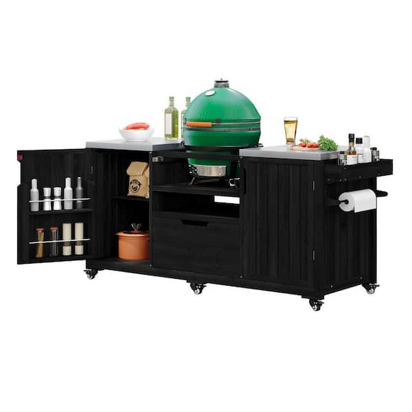 Big Green Egg Grill Cart Black Outdoor Kitchen Island 66.5 in. Grilling Set, Stainless Steel Top, Kamado Joe Compatible