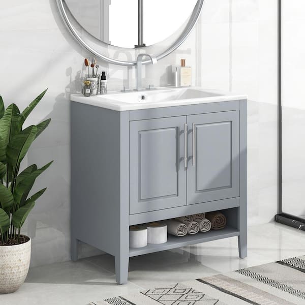 Unbranded 30 in. W. x 18.3 in. D x 33 in. H Freestanding Bath Vanity in Grey with White Ceramic Top