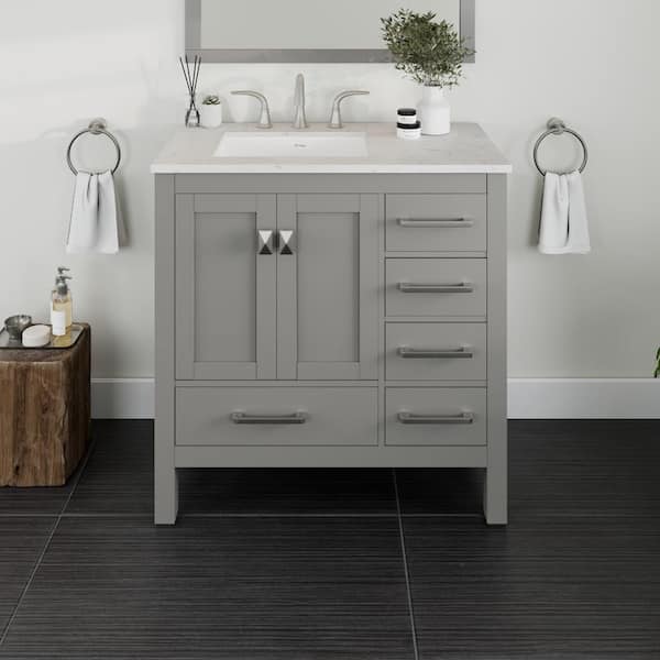 Aberdeen 36 in. Single Sink Gray Bath Vanity with White Carrara Quartz Top (Assembled)