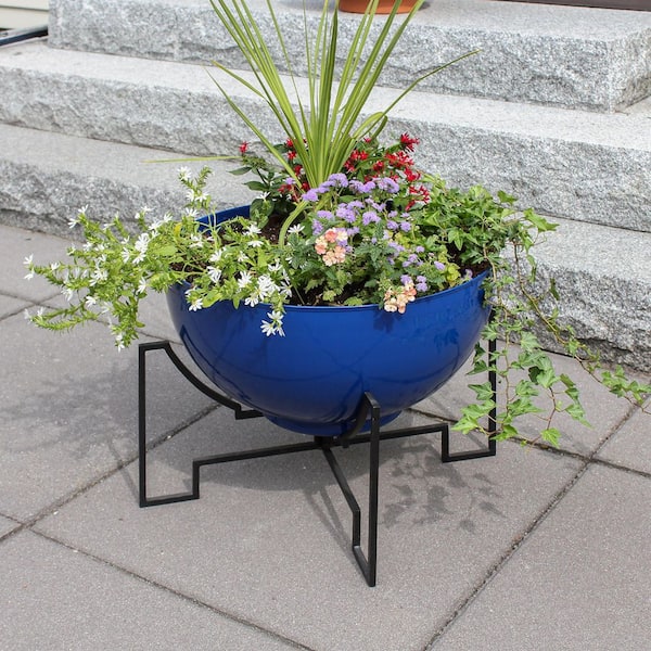 20in.W x 15.25in.H, Round French Blue Galvanized Steel Planter Bowl w/Black Wrought Iron Plant Stand, Indoor Outdoor Use
