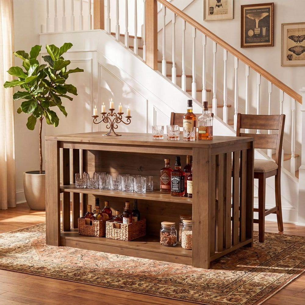 Kearsten 35.4 in. H x 55 in. W Solid Wood Bar Table, Farmhouse Counter Height Pub Table with Open Storage Shelves, Brown price history on PriceWatchPro