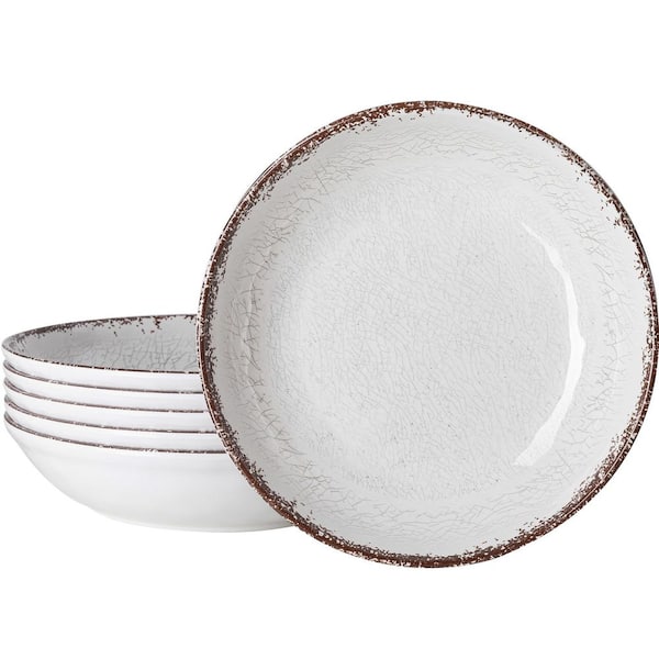 Set of 6 White Melamine Pasta Bowls 9-Inch Diameter 2-Inch Deep Rustic Shallow Dinner Plates