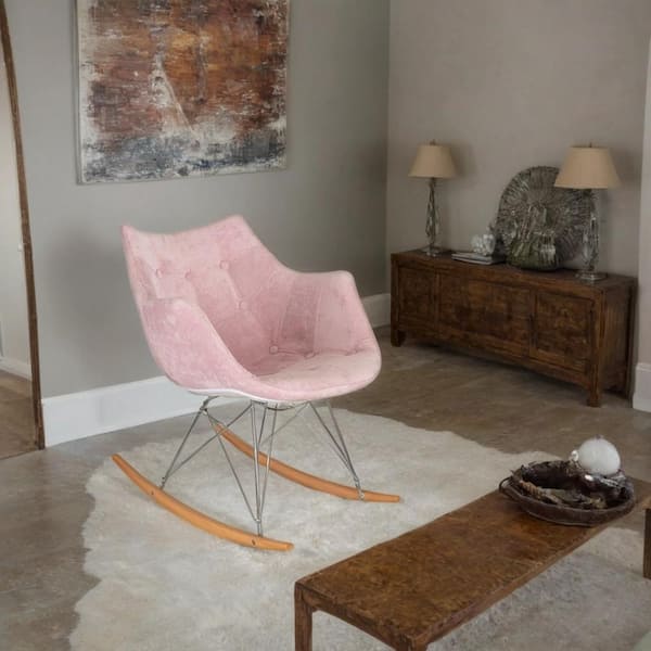 Leisuremod Accent Rocking Chair Upholstered in Polyester Velvet with Ash Wood Dowel Base Curved Back in Pink/Velvet