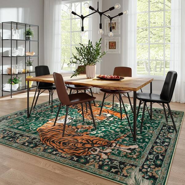 8 ft. x 10 ft. Green Goldene Vintage Tiger Washable Non Slip Soft Area Rug