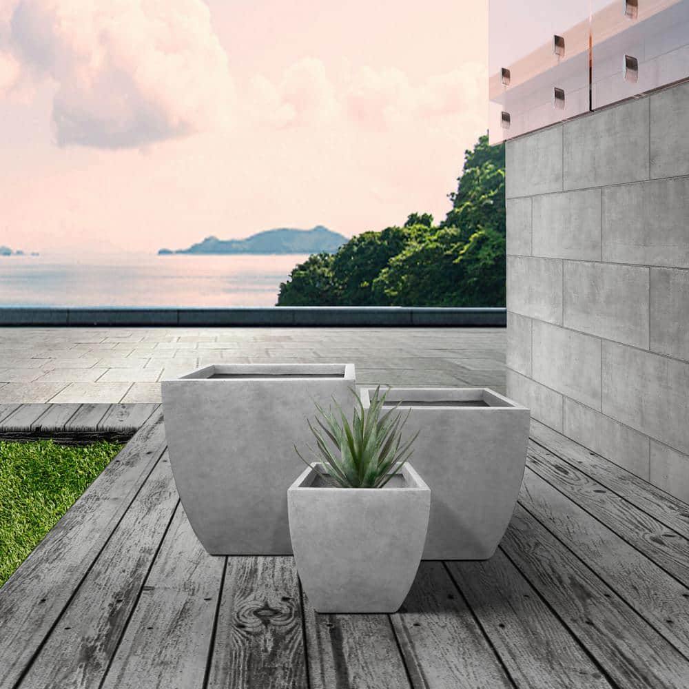 Contemporary Square Medium Natural Concrete Planter 17.7" with Drainage