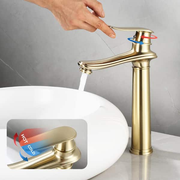 Single Handle Single Hole Bathroom Vessel Sink Faucet, Waterfall Bathroom Sink Faucet with Pop-Up Drain in Brushed Gold