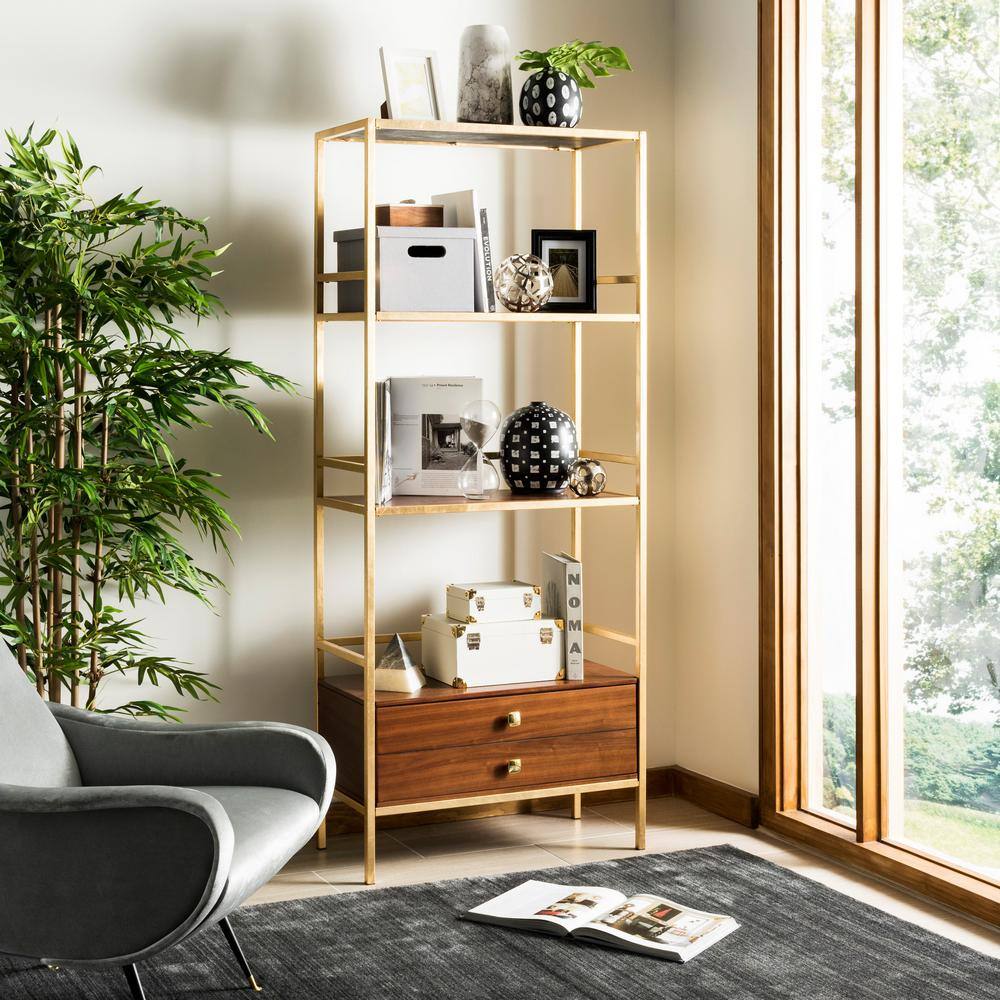 Mateo Gold and Walnut 4-Tier Etagere with Drawer