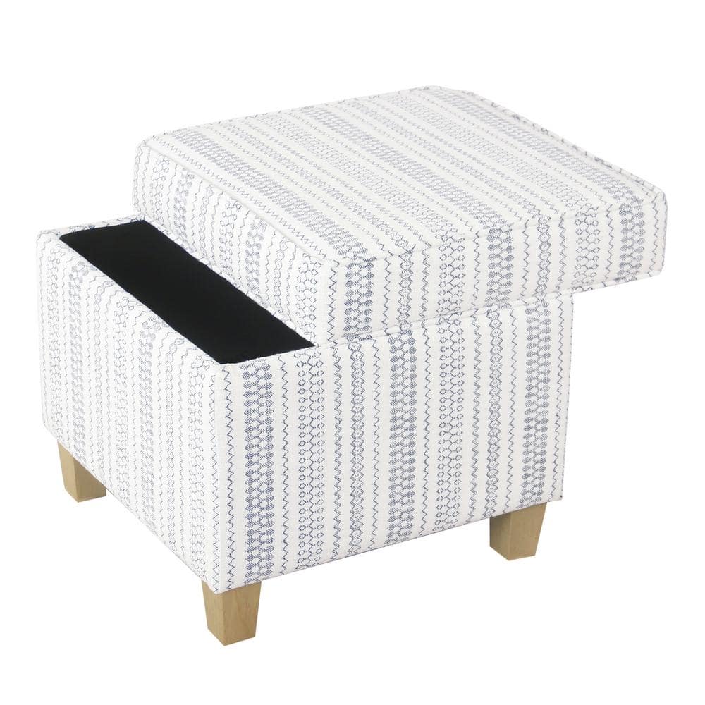 Farmhouse Blue Striped Square Storage Ottoman with Wood Legs