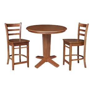 Aria Distressed Oak Solid Wood 36 in Round Top Counter Height Pedestal Dining Table Set with 2 Emily Stools, Seats 2