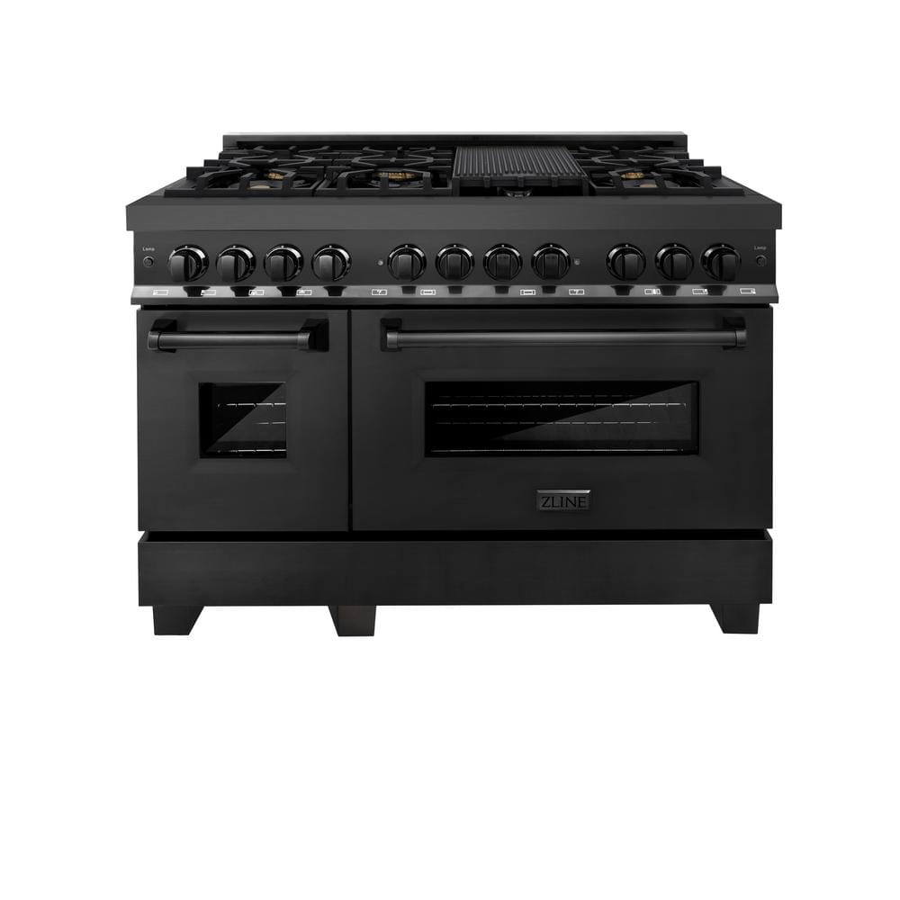 ZLINE Kitchen and Bath 48 in. 7 Burner Double Oven Dual Fuel Range with Brass Burners in Black Stainless Steel