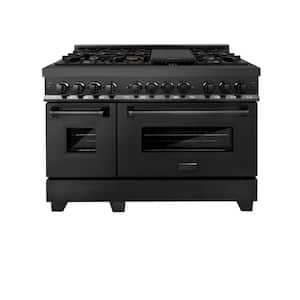 48 in. 7 Burner Double Oven Dual Fuel Range with Brass Burners in Black Stainless Steel