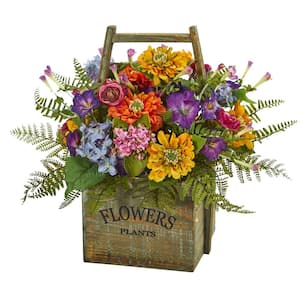 Indoor Mixed Floral Artificial Arrangement in Wood Basket