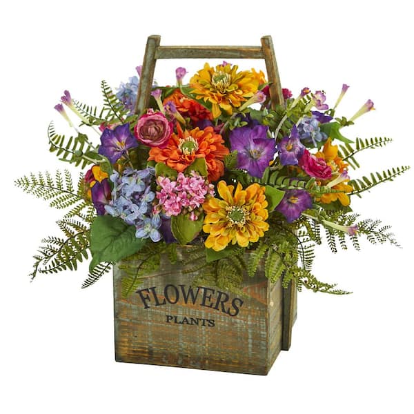Nearly Natural Indoor Mixed Floral Artificial Arrangement in Wood Basket
