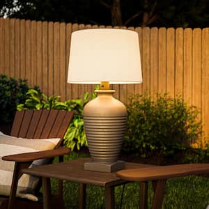 Parkwood 29.5 in. Gray Concrete Finish Outdoor/Indoor Table Lamp with Off-White Fabric Shade
