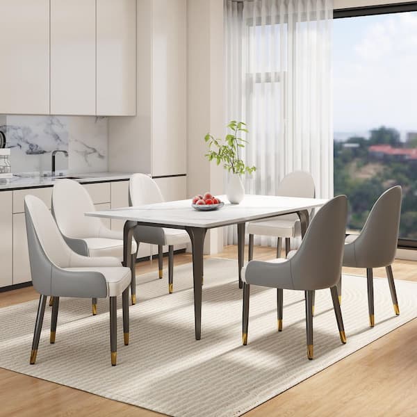 Set of 6 Ergonomic PU Faux Leather Dining Chair Morden Desk Chair with Solid Wood Metal Legs and Backrest, Gray