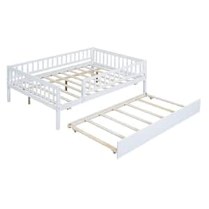 79.5 in. W x 57 in. D x 28.3 in. H White Wood Linen Cabinet with Full Size Daybed, Trundle and Fence Guardrails