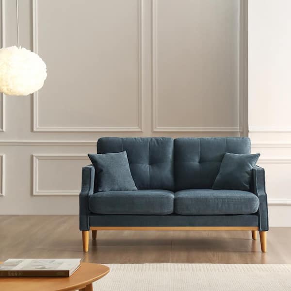 Noble House 56.7 in. Dark Blue Water-resistant Fabric 2-Seater Loveseat with Wood Legs and USB Charge Port