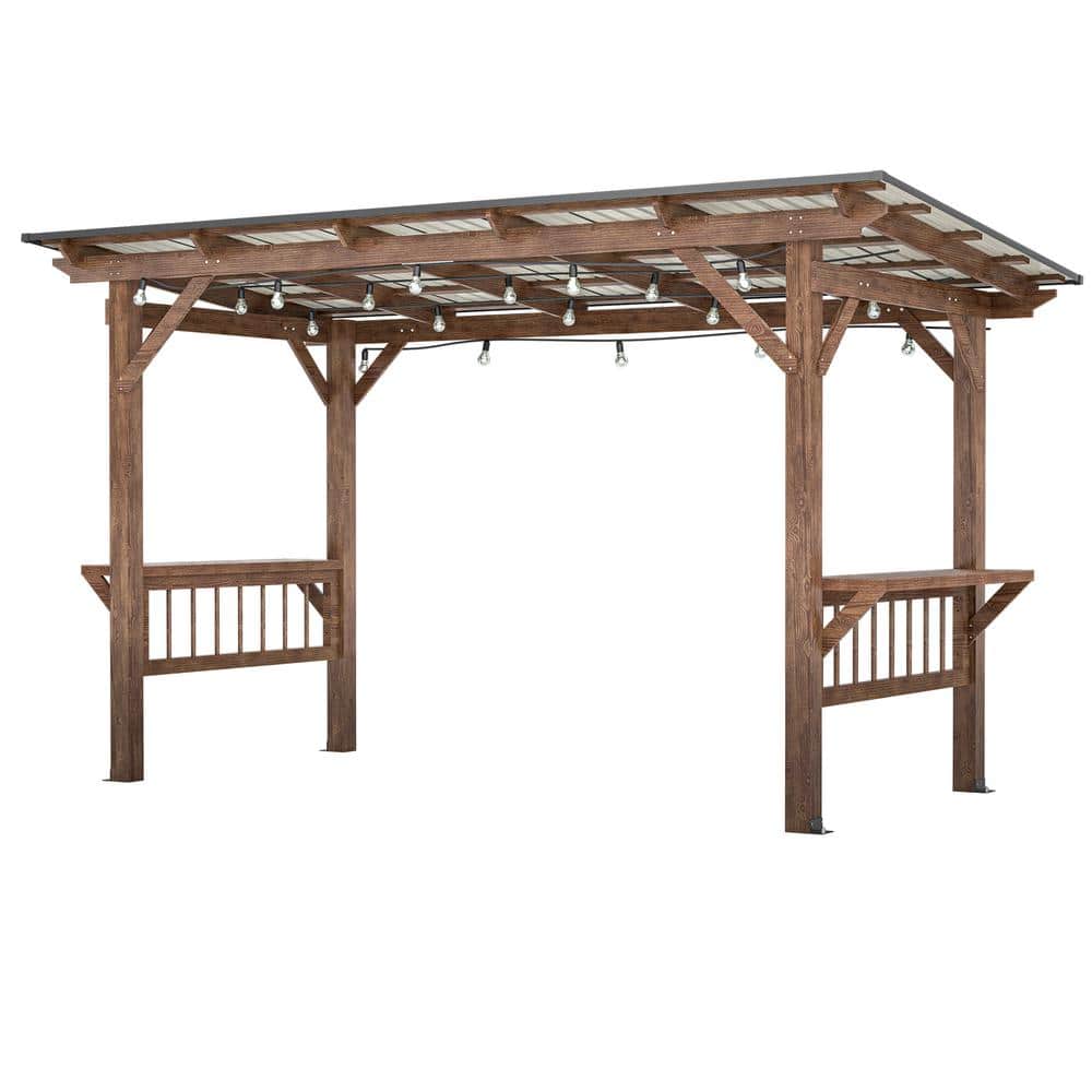13 ft. x 6.5 ft. Brown Wooden Pergola Grill Gazebo with Metal Roof, Bulbs a