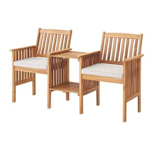 Bristol Acacia Wood Outdoor Double Seat Bench with Attached Table and Ivory Cushion