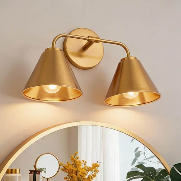 Loft Lantern 16 in. 2-Light Gold Modern Bathroom Vanity Light with Metal Cone Shades
