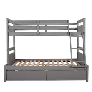 Stylish Gray Twin over Full Bunk Bed with Two Storage Drawers and Ladder, Solid Wood Bunk Bed for Kids