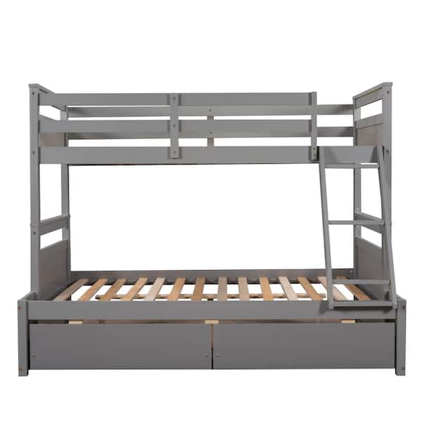 URTR Stylish Gray Twin over Full Bunk Bed with Two Storage Drawers and Ladder, Solid Wood Bunk Bed for Kids