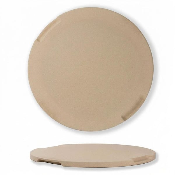 Round Beige Pizza Baking and Grilling Stone with Double-Faced Built-In Handles for Oven BBQ Grill 1 Piece