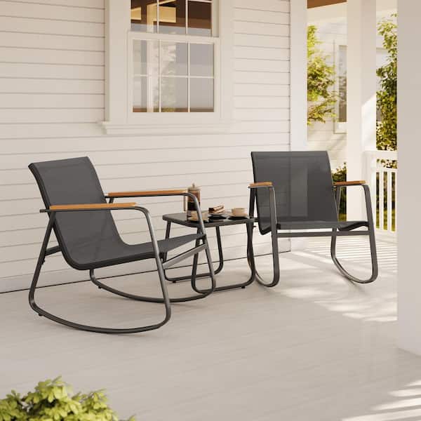 3-Piece Outdoor Rocking Chat Set, Patio Furniture Set with Glass Table for Poolside, Porch, Lawn